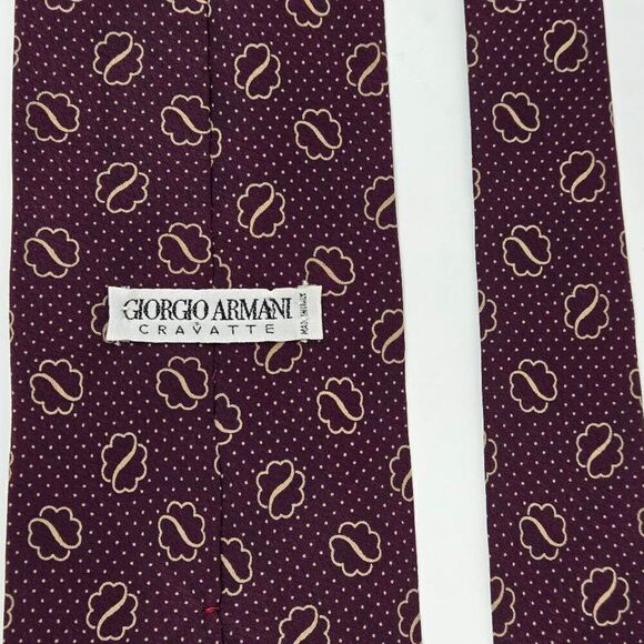 GIORGIO ARMANI CRAVATTE SILK TIE BURGUNDY TAN POLKA DOT PATTERN 3.75" X 58" - Picture 3 of 4
